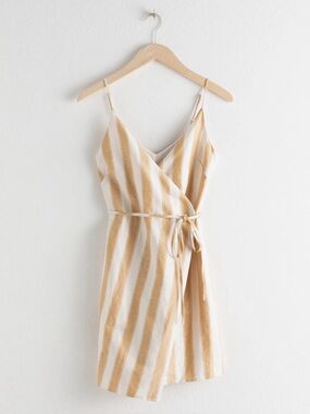 & Other Stories Linen Blend Striped Mini Wrap Dress Cream Brown Sz 10 NWT